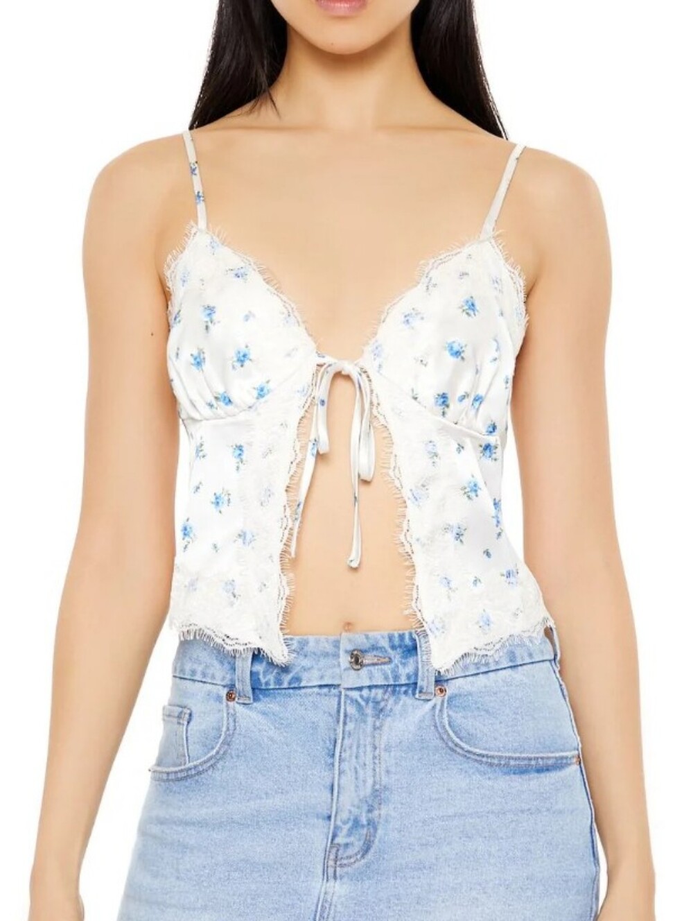 Forever 21 Blue Floral Tie Front Cami Top Size Large New